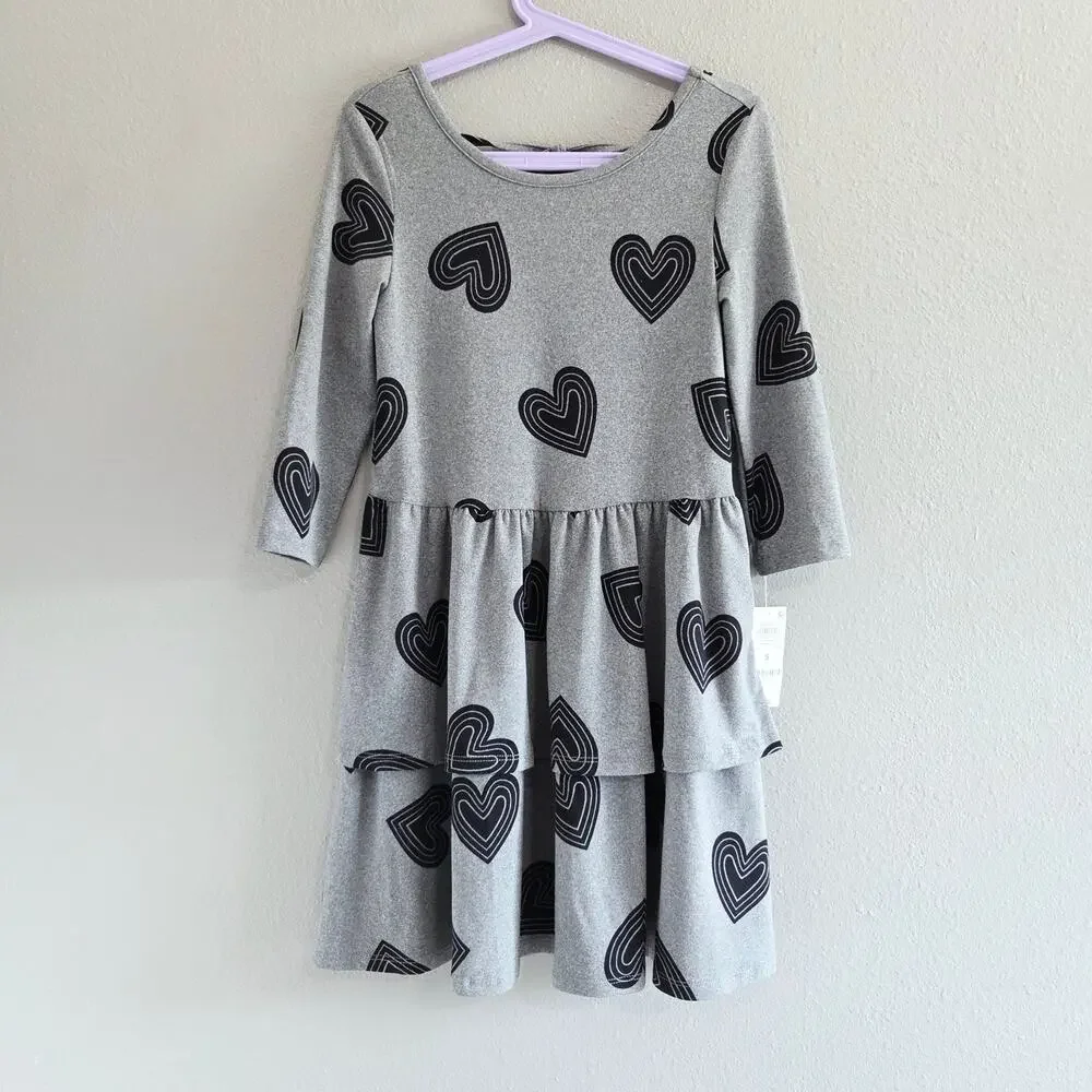 Epic Threads Gray Long Sleeve Heart Print Tiered Dress Kids Size 6